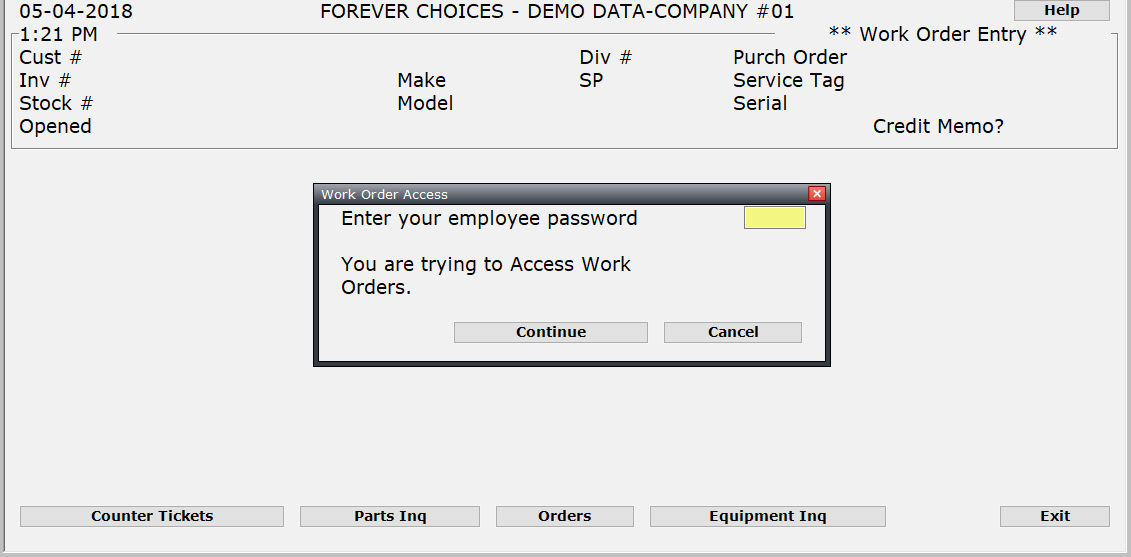 function keys for work orders prior to loggin in work order tickets