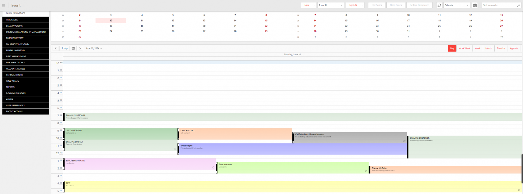 Screenshot of a scheduling calendar interface showing events for Monday, June 10, 2024. The left panel lists navigation options such as Time Clock, Sales Invoicing, CRM, Parts Inventory, Equipment Inventory, Fleet Management, Accounts Payable, General Ledger, Reports, Admin, and more.