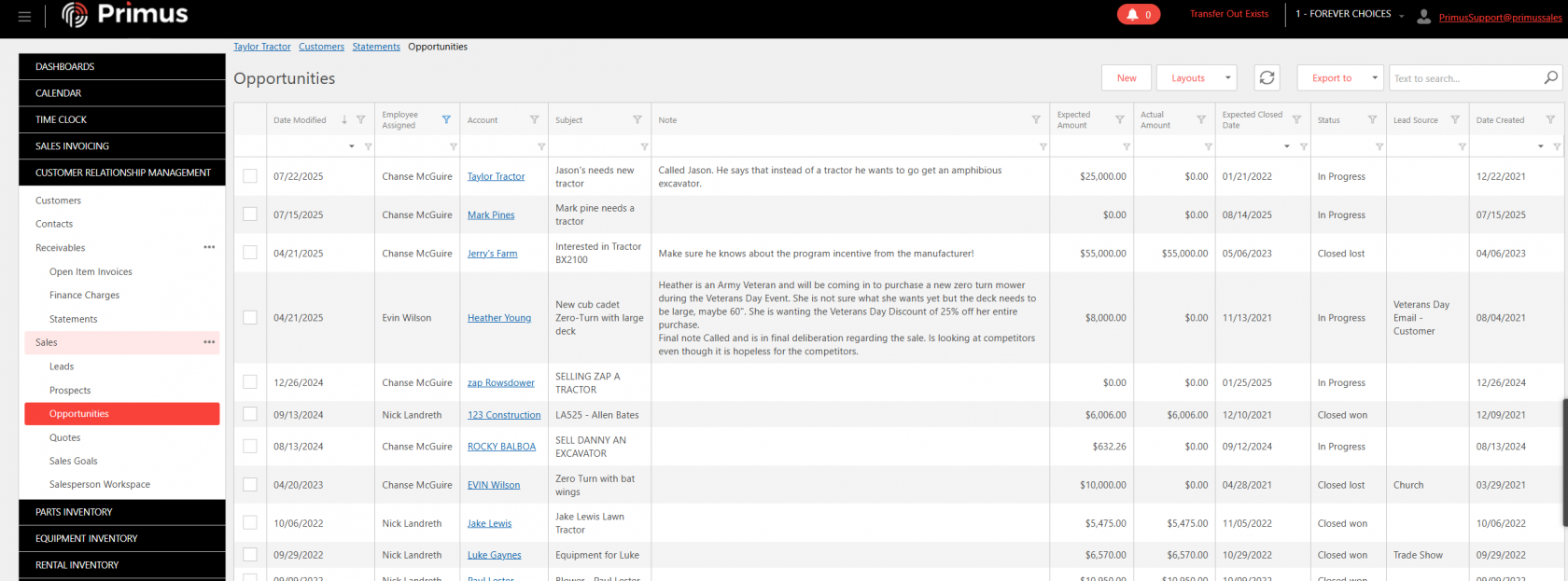 CRM Opportunities screen showing a table of sales opportunities with accounts, subjects, notes, expected amounts, statuses, and assigned employees.