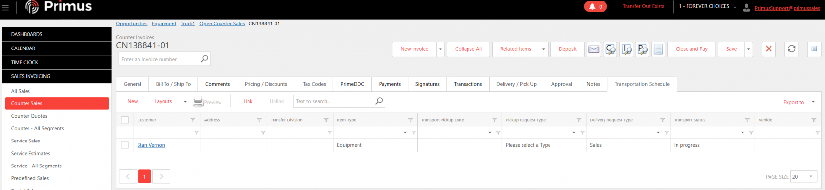 Primus Counter Sales invoice screen showing invoice CN138841-01 with customer Stan Vernon. Tabs include general info, comments, pricing, payments, transactions, and transportation schedule. Current transport status is ‘In progress.